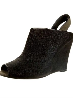 Rebecca Minkoff Black Leather Peep-Toe Wedge Sandals Size 8.5